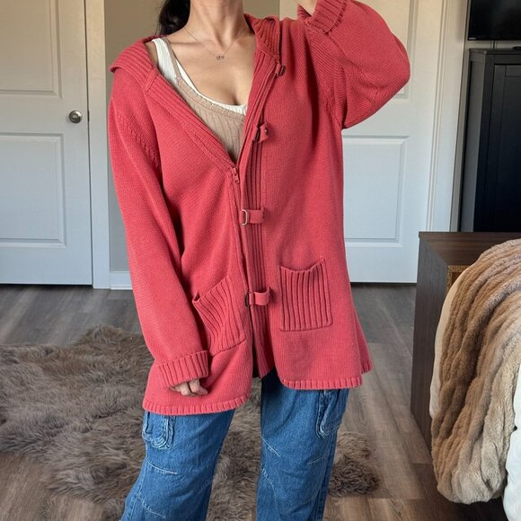 Y2K Coral Hooded Cardigan Jacket Full Zip Cotton Knit Retro Coastal Grandmacore - Picture 4 of 10